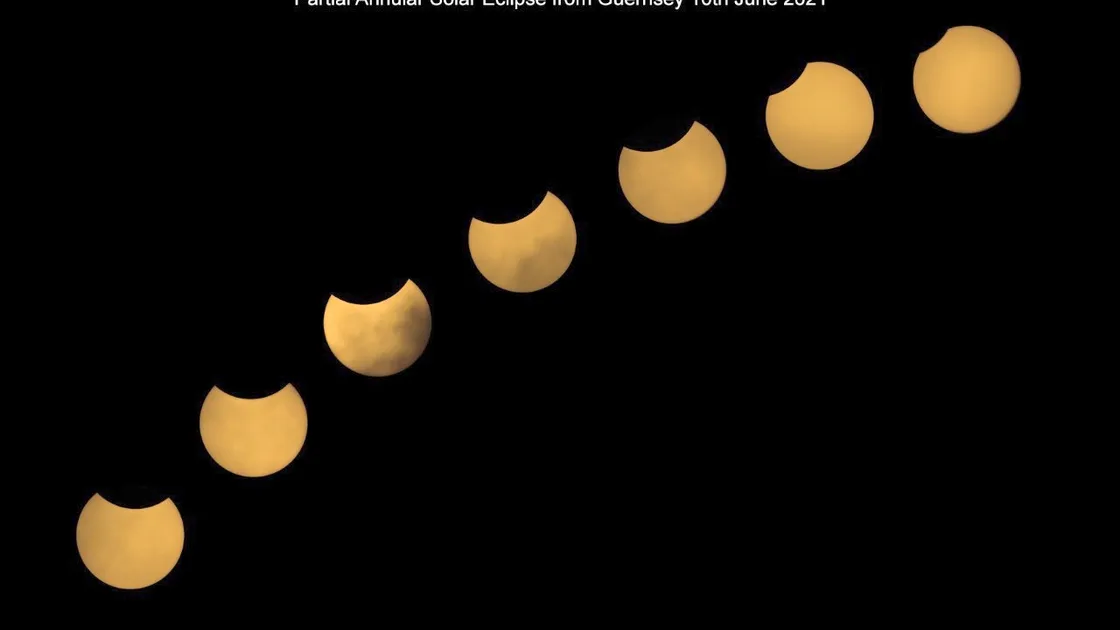 Jean Dean's image of the partial solar eclipse sequence from Guernsey on 10 June 2021. (29644092)