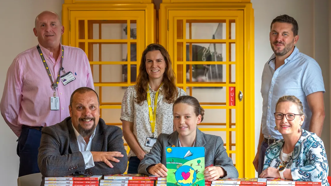Front row, left to right, are Justin Bellinger, Lara Stanford and Blanchelande head of art Cora Lee. Behind them are Trevor Burke, Lara’s mum Lindsay and Mike Fawkner-Corbett.