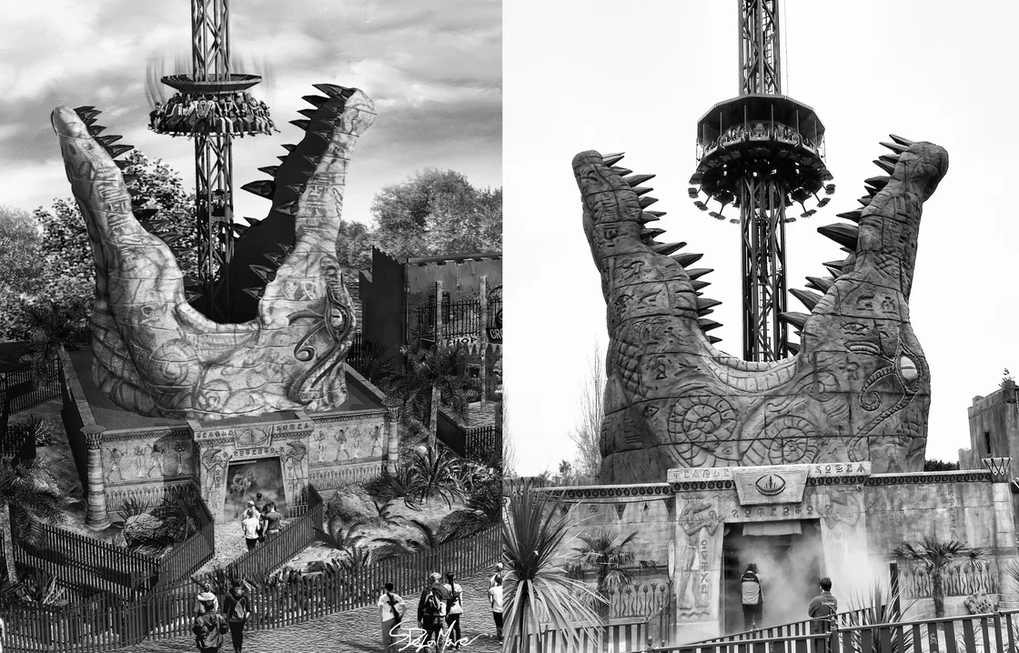 From vision to reality - the Croc Drop ride at Chessington, as visualised by Steve De La Mare and then as it appears now it is open to the public. (29443641)