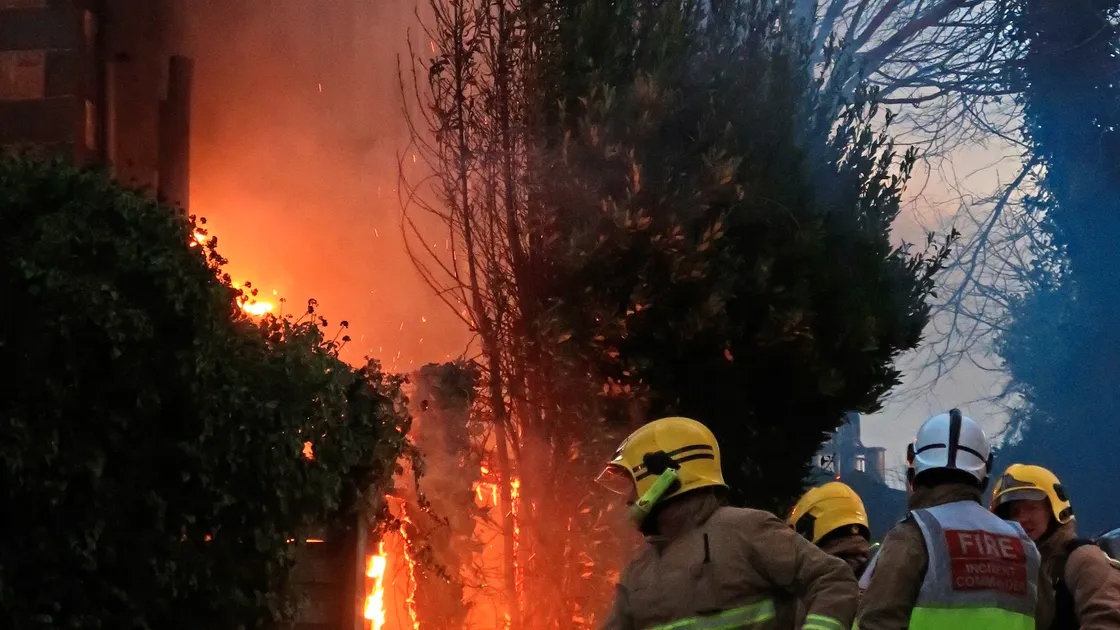 Flames 15ft high greeted firefighters when they were called to the Carlton Hotel yesterday. But it took them only a few minutes to put out the blaze in a covered area away from the hotel and the Wicked Wolf pub.(Picture courtesy of Nigel Le Page)