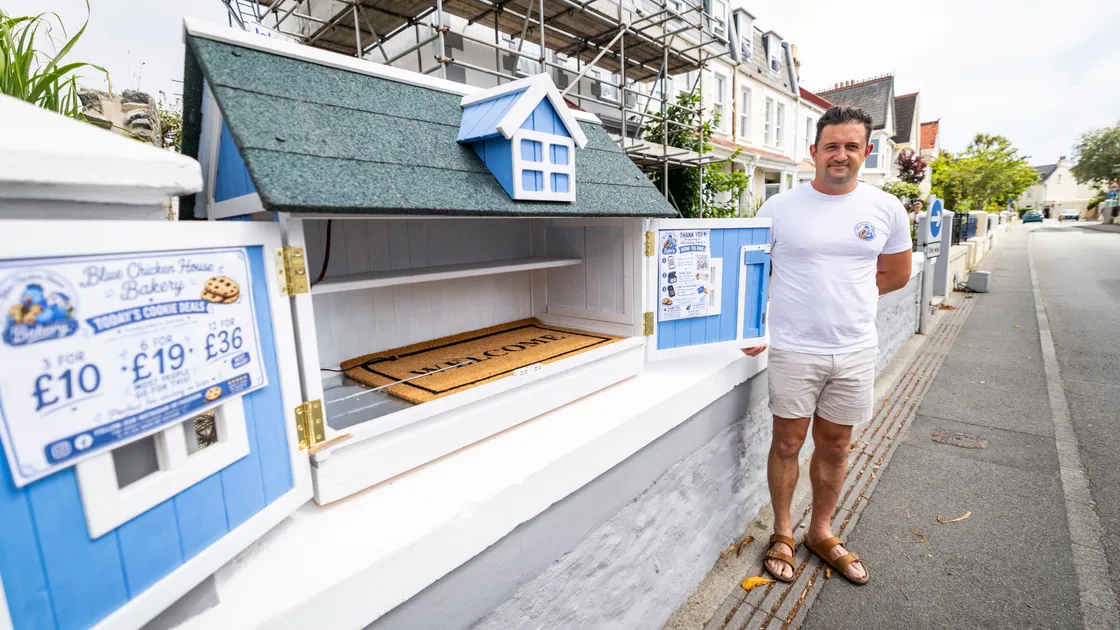 James Manger next to his Blue Chicken House Bakery stall in Brock Road, St Peter Port.