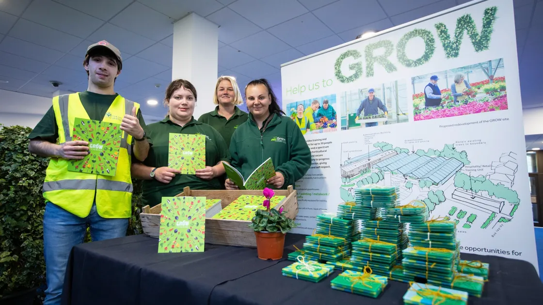 The Grow Ltd stall at last night’s IoD convention selling cookery books and glass coasters. Left to right: Alex Houchard, Abigail Lawlor, Jess Aughton and Heather Brown. (Picture by Peter Frankland, 30086872)