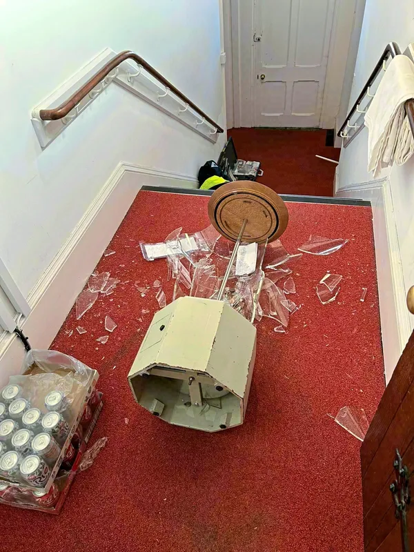 The burglar smashed a one-meter high collecting box leaving glass all over the floor, which church volunteers had to clean away the next day. (Picture supplied)