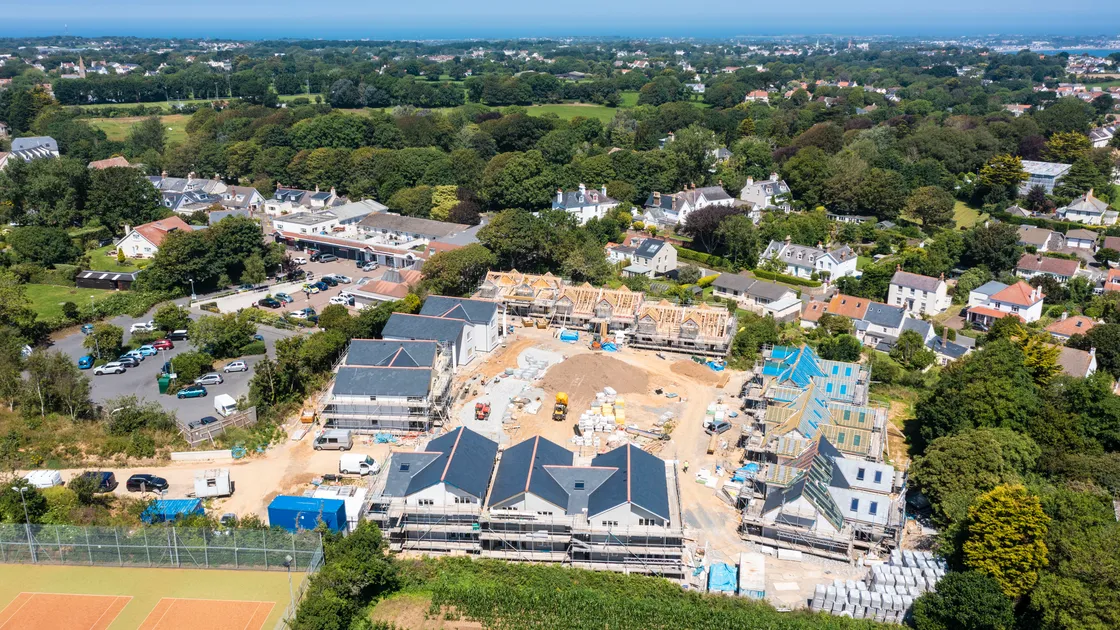 Le Menage, which will provide homes for older islanders, taking shape near Galeries du Manoir in St Martin’s. (Drone image by Peter Frankland, 29833601)