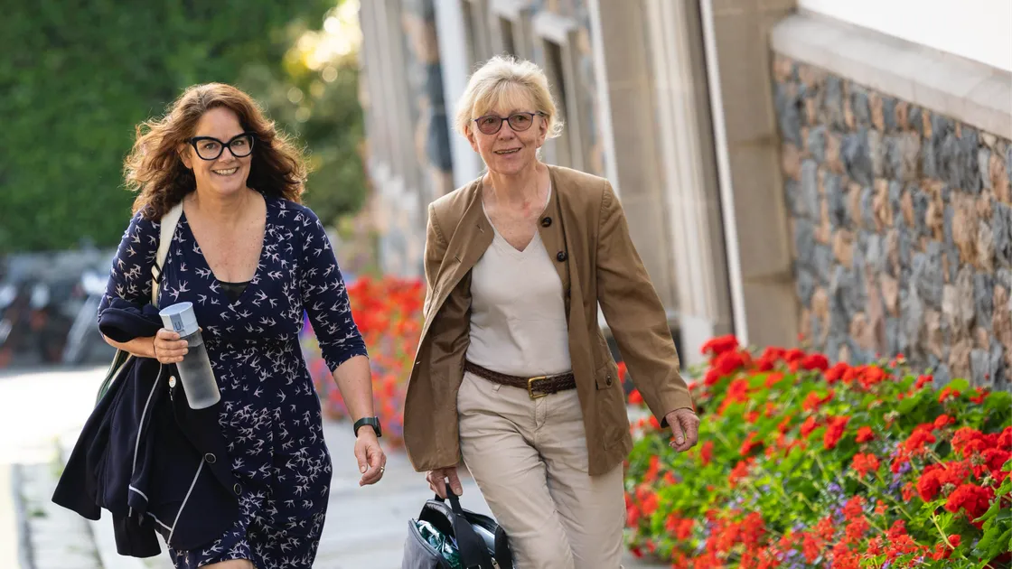 Deputy Yvonne Burford, right, arriving at the States last week alongside colleague Sarah Hansmann Rouxel.
