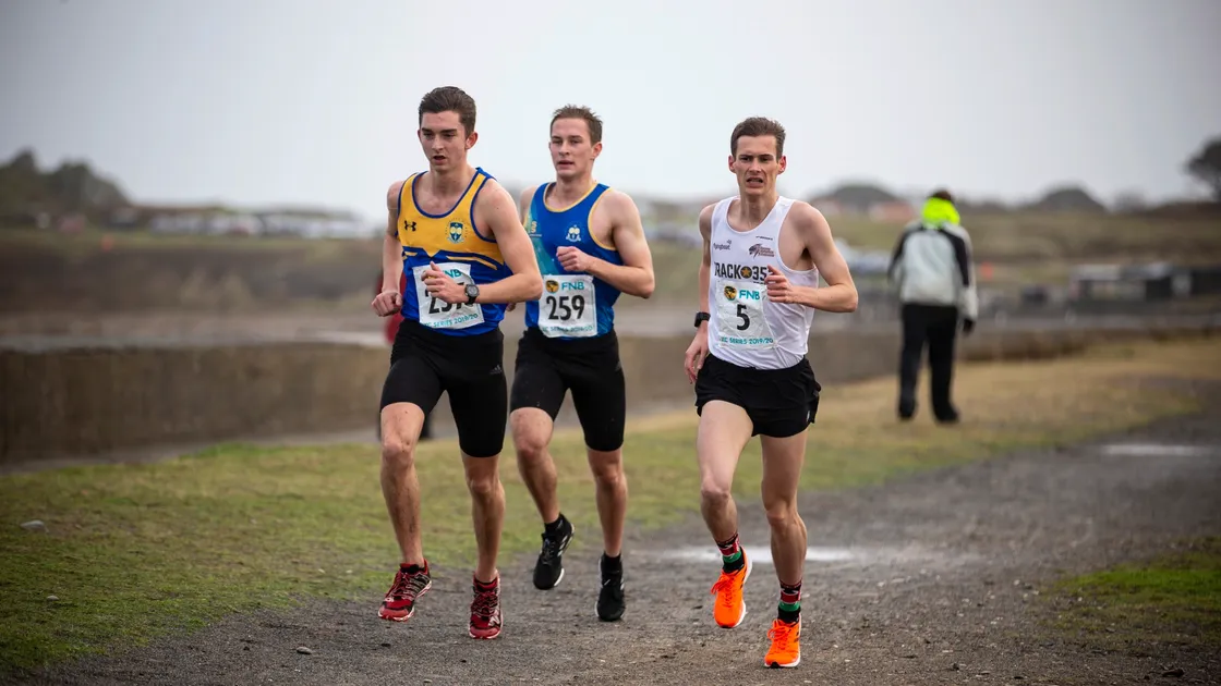 Eventual race winner Alex Rowe, left, in the lead group along with Dan Galpin and Sam Lesley, right. (Picture by Peter Frankland, 26762000)