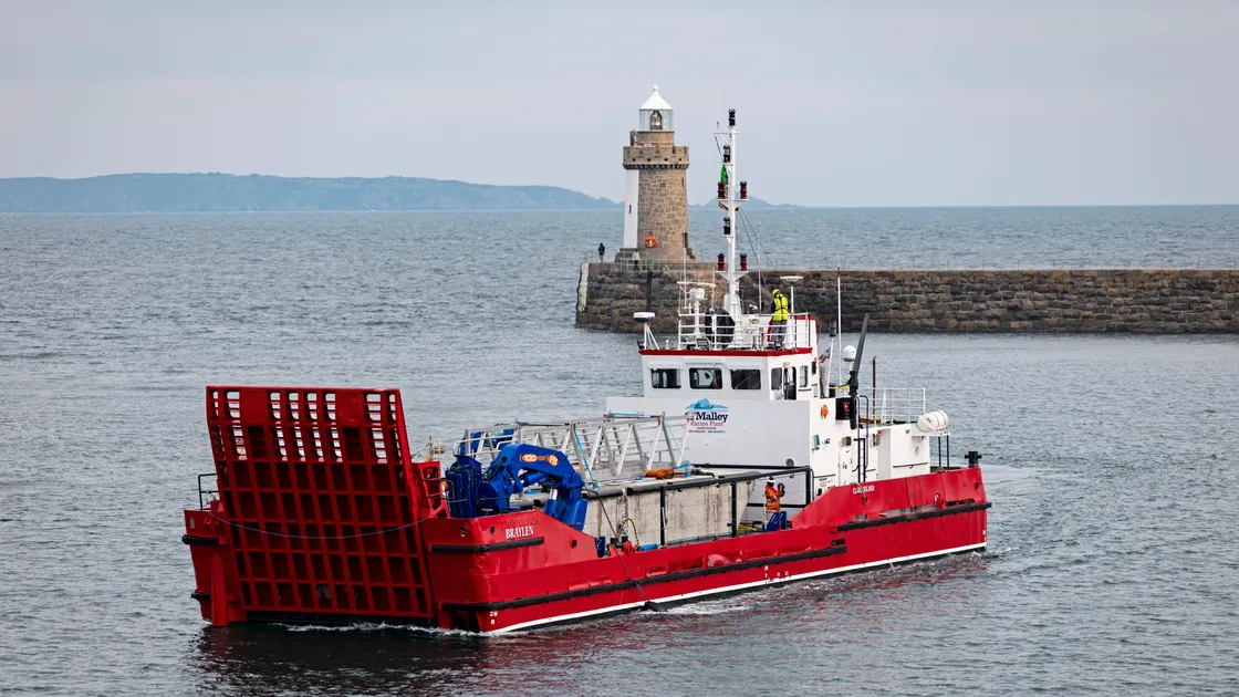 Commercial ship the Braylen arriving in Guernsey to bring parts of the new X berth from Ireland