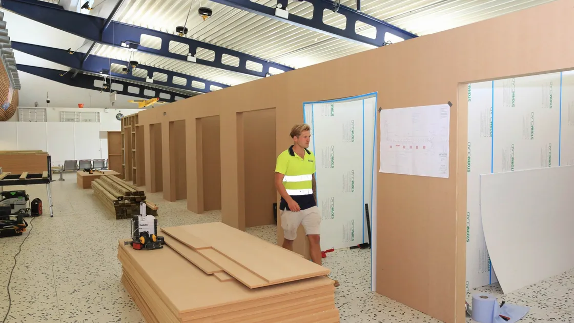 RG Falla site manager Andrew Butt surveys the progress made building testing booths at Guernsey Airport.  (Picture by Adrian Miller, 28632466)