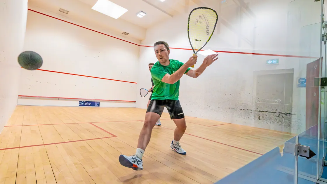 A fully-focused Janick Radford winds up a backhand in the men’s A final against Toby Young at Beau Sejour