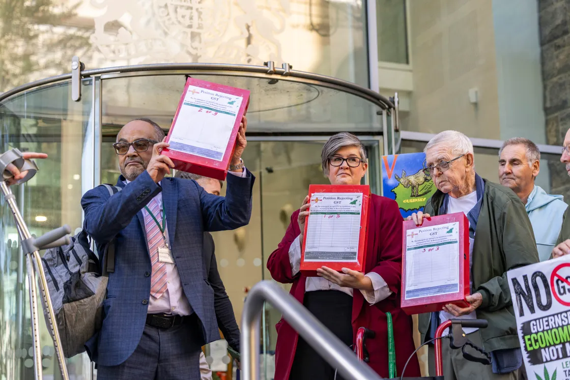 An anti-GST petition containing 9,000 names was presented on the steps of the States.