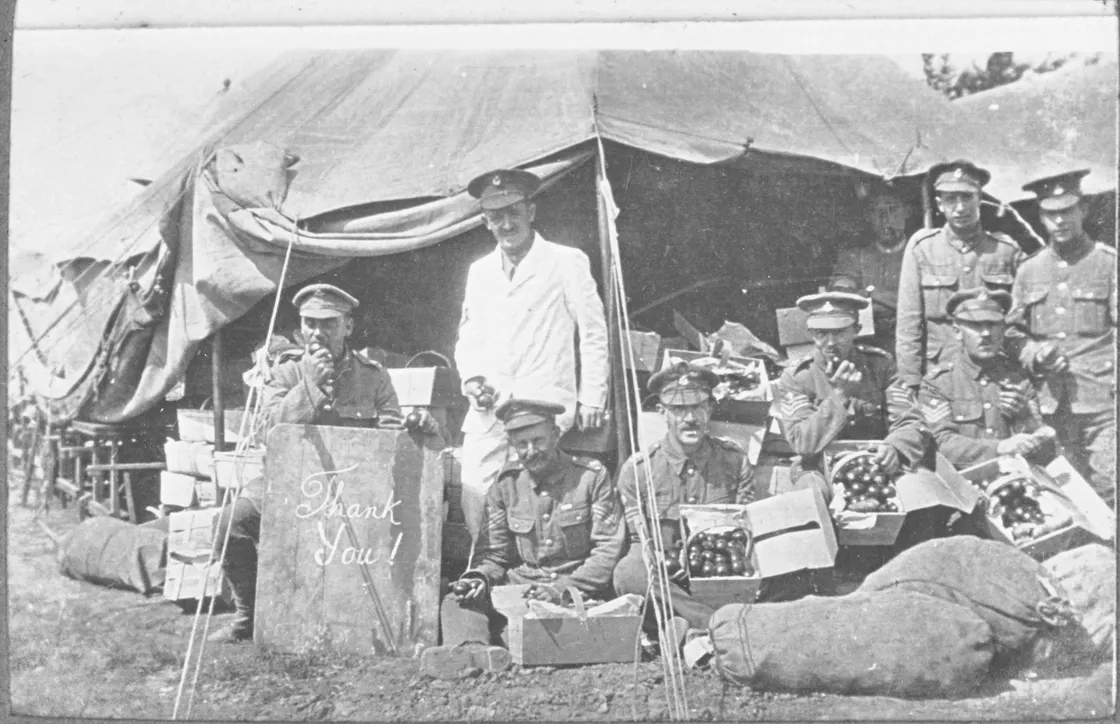 A welcome consignment of tomatoes arrives with RGLI troops at Bourne Park Camp.