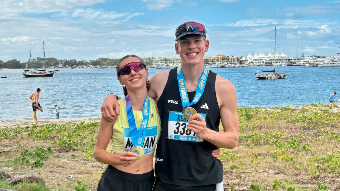 Megan Chapple with boyfriend Kester McQueen after the Gold Coast Marathon at the weekend. 
