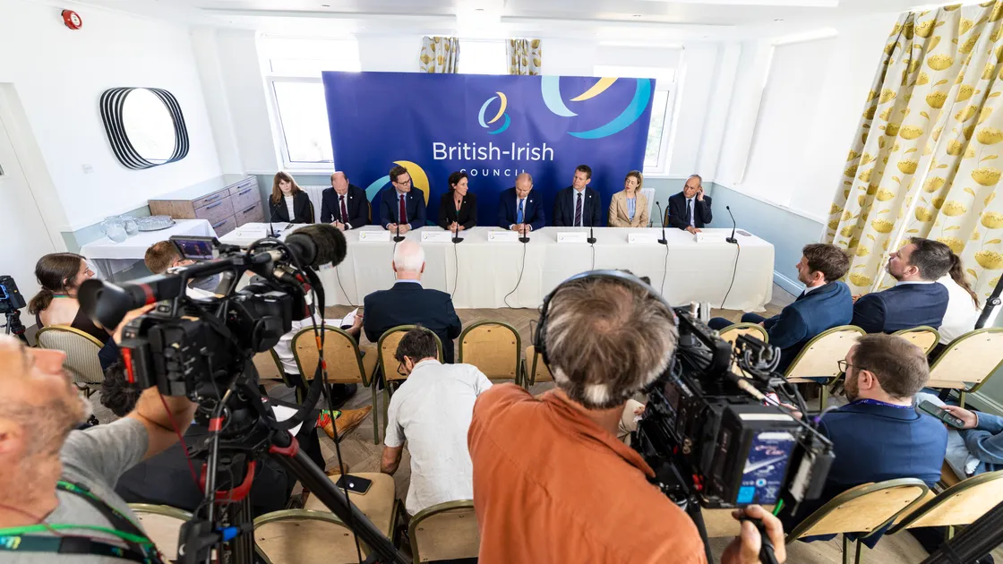 Political leaders lined up for the British-Irish Council press conference at Les Cotils yesterday. From left: Dr Caoimhe Archibald and Gordon Lyons from Northern Ireland, UK chief secretary to the Prime Minister Darren Jones, Deputy Lindsay de Sausmarez, Irish taoiseach Micheal Martin, Wales first minister Rhun ap Iorwerth, Scotland deputy first minister Jenny Gilruth and Jersey's Lyndon Farnham. 							 						 (Picture by Peter Frankland, 34833958)