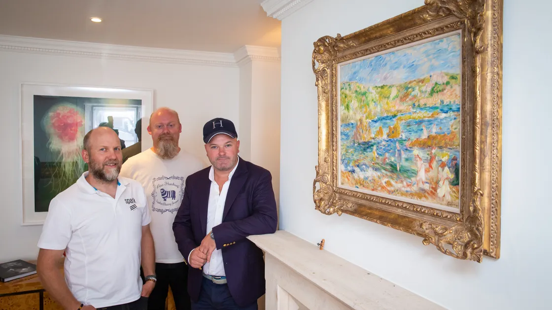 Art for Guernsey is holding the free exhibition Through the Eyes of a Master celebrating Renoir’s ties to the island with the painting Rochers de Guernesey avec personnages (plage à Guernesey). Left to right, Jock Petit, David Ummels and Keiran Wyatt-Nicolle. (Picture by Peter Frankland, 28725806)