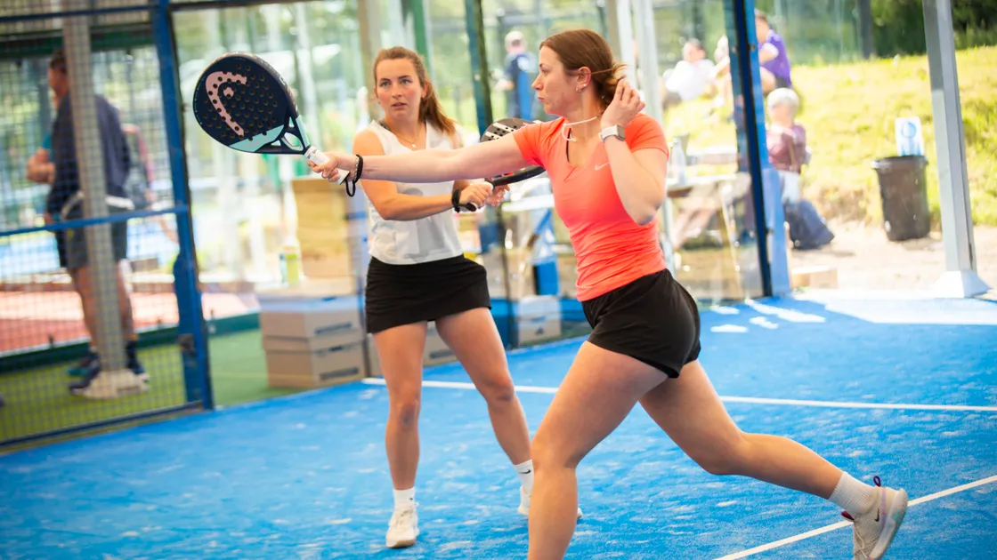 Guernsey’s Lauren Barker, background, and Lauren Watson-Steele playing in the LTA British Tour Padel Grade One event at Longcamps last year. (Picture by Sophie Rabey, 33990022)