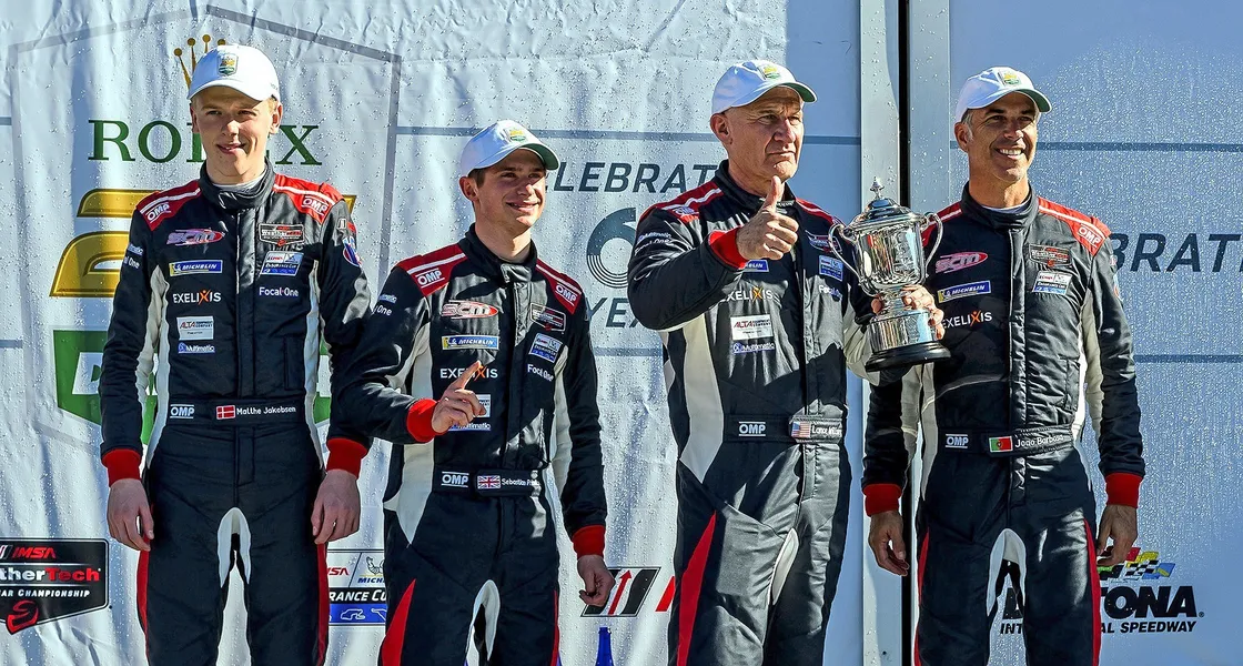 The Sean Creech Motorsport team on the podium. Left to right: Malthe Jakobsen, Seb Priaulx, Lance Willsey and Joao Barbosa. (Picture from @SeanCreechMS, 30448213)