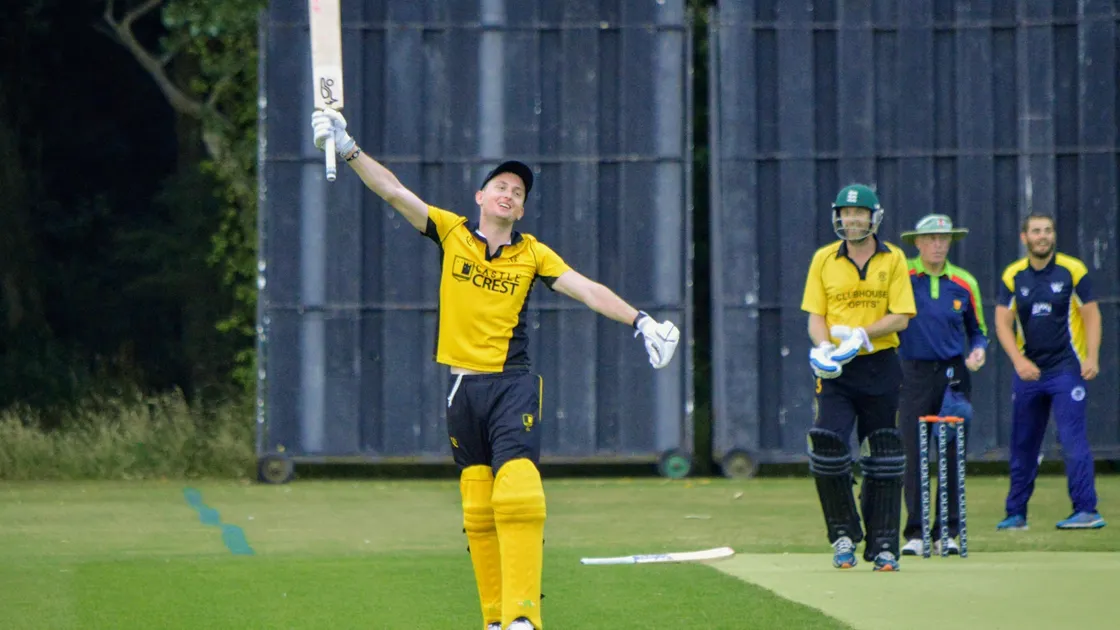 Ben Maxton celebrates his hundred. (Picture by Gareth Le Prevost, 28508426)