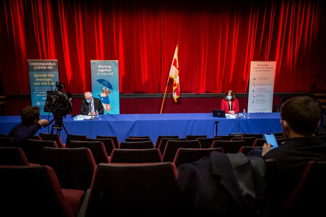 The Coronavirus Conference Panel only had two members yesterday. Left to right: Chief Minister Peter Ferbrache and Director of Public Health Dr Nicola Brink. (Picture by Sophie Rabey, 29184606)