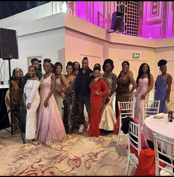 The Miss Africa GB contestants pictured with Mr Fierce, a multi-award winning catwalk coach.