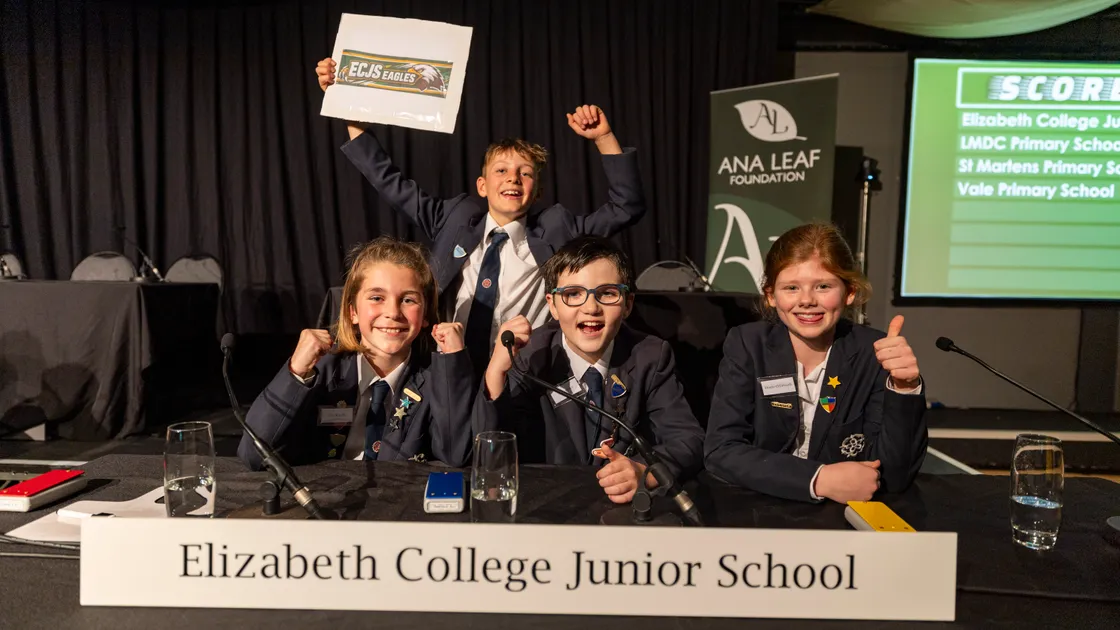 Les Beaucamps High's Year 8s and Year 6 pupils from Elizabeth College Junior School were the winners at yesterday's de Putron Challenge and will be representing the island in the finals in Jersey later this month. Celebrating from the college were, left to right, Sam Turville, team reserve Leo Sykes, Angus Essa and Florrie O’Driscoll. Story, page 7. (Picture by Sophie Rabey, 34650760)