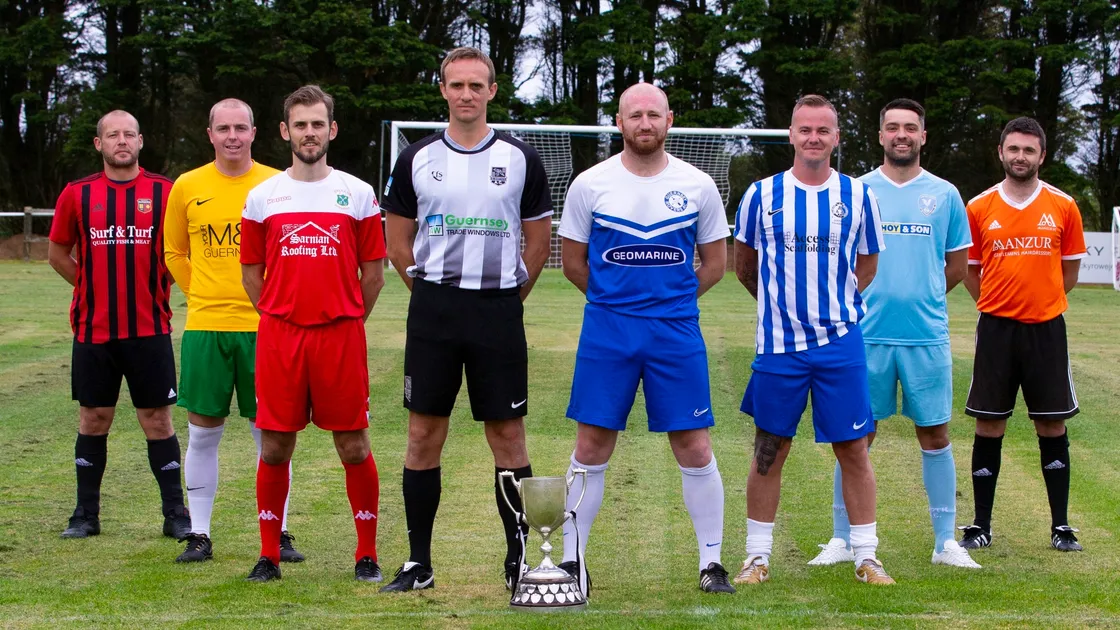 Leadership material: The Priaulx league skippers, minus the off-island Alderney captain: Left to right –, Shane Billien (Rangers), Glenn Le Tissier (Vale Rec), Miles Pengelley (Sylvans), Chris Le Noury (St Martin's), Tom Strawbridge (Rovers), Marc McGrath (Belgraves), River Marsh (Northerners), Sam Matthews (Manzur). (Picture By Cassidy Jones, 29891400)