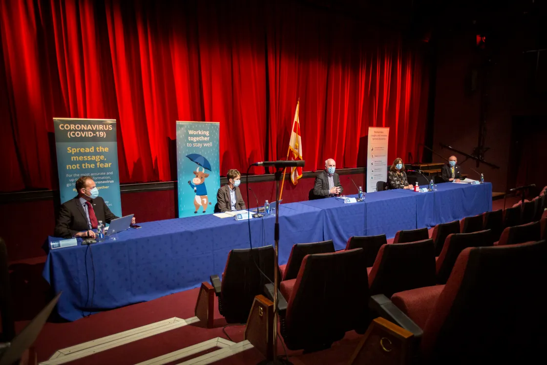 23-01-21 Announcement of Second Lockdown. Conference Panel L-R Chief Executive Paul Whitfield, Vice-President of P&R Deputy Heidi Soulsby, Chief Minister Deputy Peter Ferbrache, Director of Public Health Dr Nicola Brink and HSC president Deputy Al Brouard. (Picture by Sophie Rabey, 29194827)