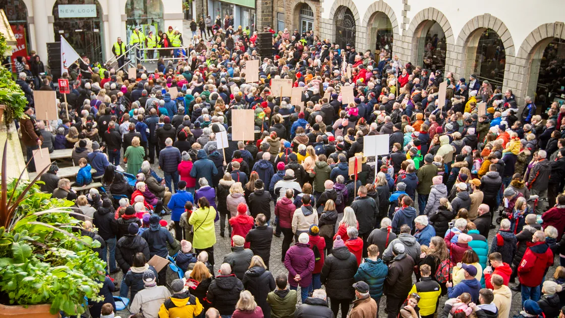 Picture by Sophie Rabey.  22-01-23.  'Say NO To GST' Rally/March in St Peter Port Town, North Beach to Market Square.. (31707591)