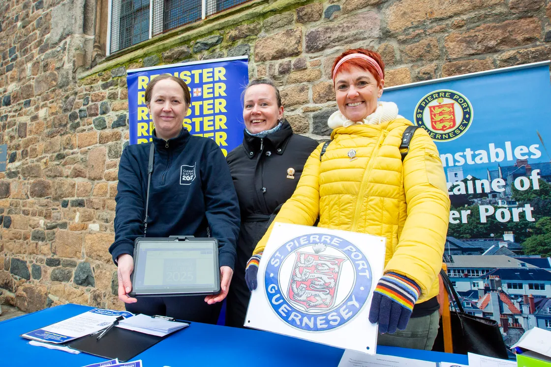Evita, centre, with Julia Bowditch and Rachael McCutcheon at a St Peter Port Parish drop-in session outside the Town Church.