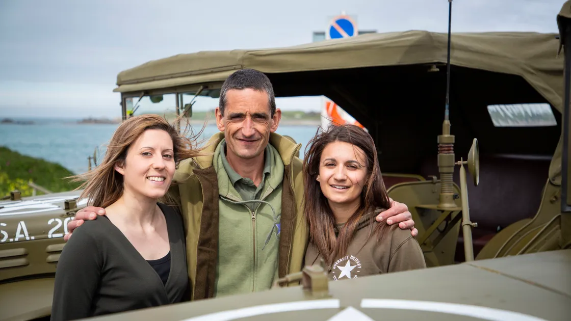 Picture by Sophie Rabey.  04-05-20.  Guernsey Military Vehicle Group have had to change their plans that they had in place for the 75th Liberation Day here this year because of Coronavirus Lockdown.  Instead of the usual cavalcade they will be posting videos on their social media throughout the day to show islanders some of their members military vehicles.  Dyer family, L-R Sophie, Stuart and Laura.. (28240571)