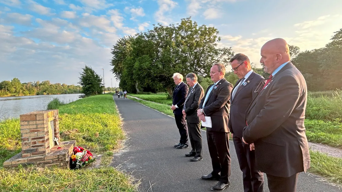 Guernsey and Jersey officials laid wreaths at the memorial near Pegasus Bridge. Left to right: Jersey’s Deputy Bailiff Robert MacRae, Bailiff Sir Richard McMahon, Chief Minister Lyndon Trott, Jersey Deputy Ian Gorst and external relations lead Jonathan Le Tocq. (33308982)