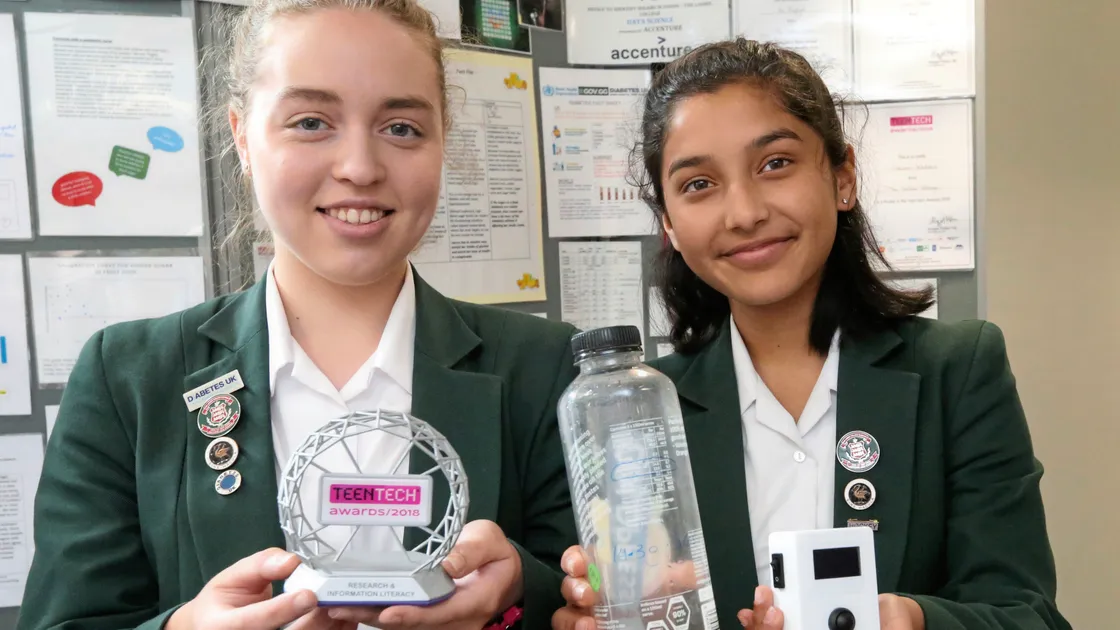 Pic by Charlotte Green  work experience 28-06-18     
Ladies College 
Students have won science award for inventing a machine which measures the amount of fructose in fruit drinks
L>R Lauren Rebstein and Pia Thapliyal both 15. (21854598)