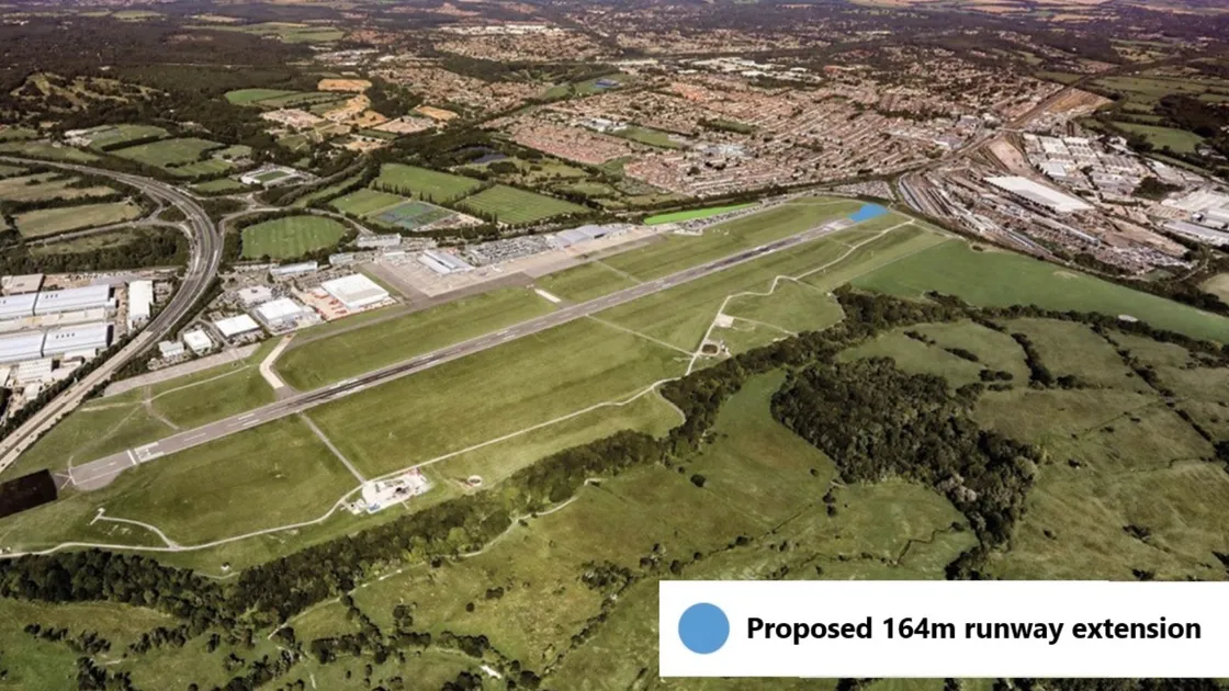 The 164m. extension to Southampton Airport runway is at the end furthest from the M27 motorway.