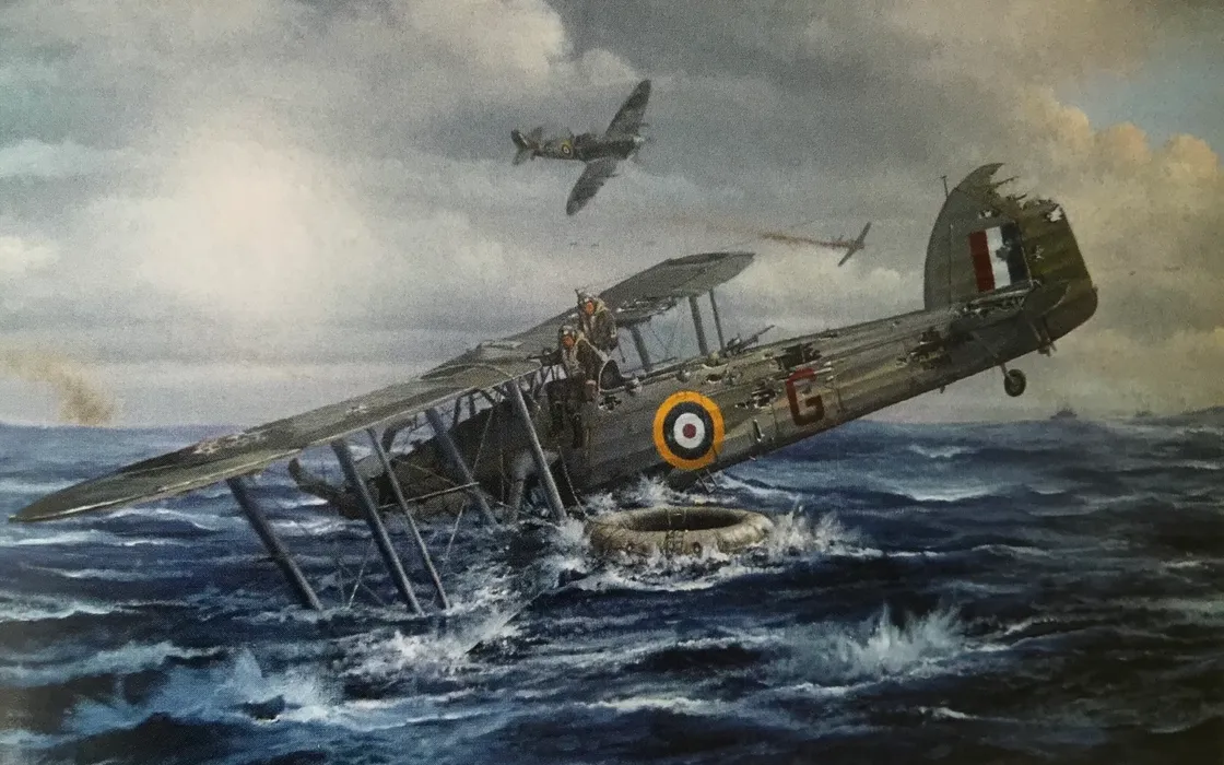 The artist Philip West’s depiction of the badly injured Brian Rose’s escape from his Swordfish aircraft, shot down in the English Channel