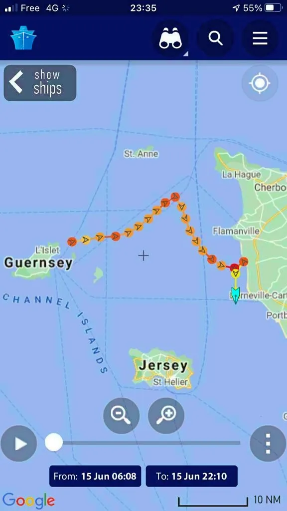 The support boat’s tracker showing how the currents meant it was anything but a direct route.