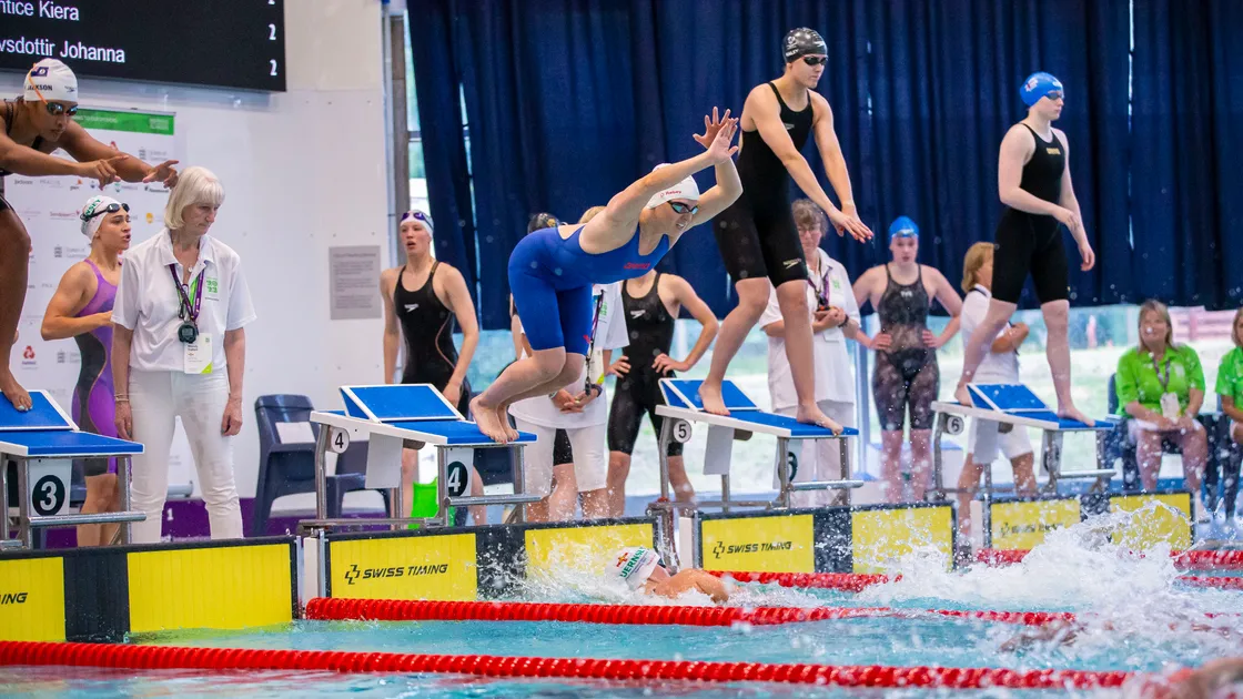 Picture By Peter Frankland. 10-07-23 Guernsey 2023 Island Games. Swimming - Orla Rabey takes over in the 4x50m freestyle relay. (32299863)