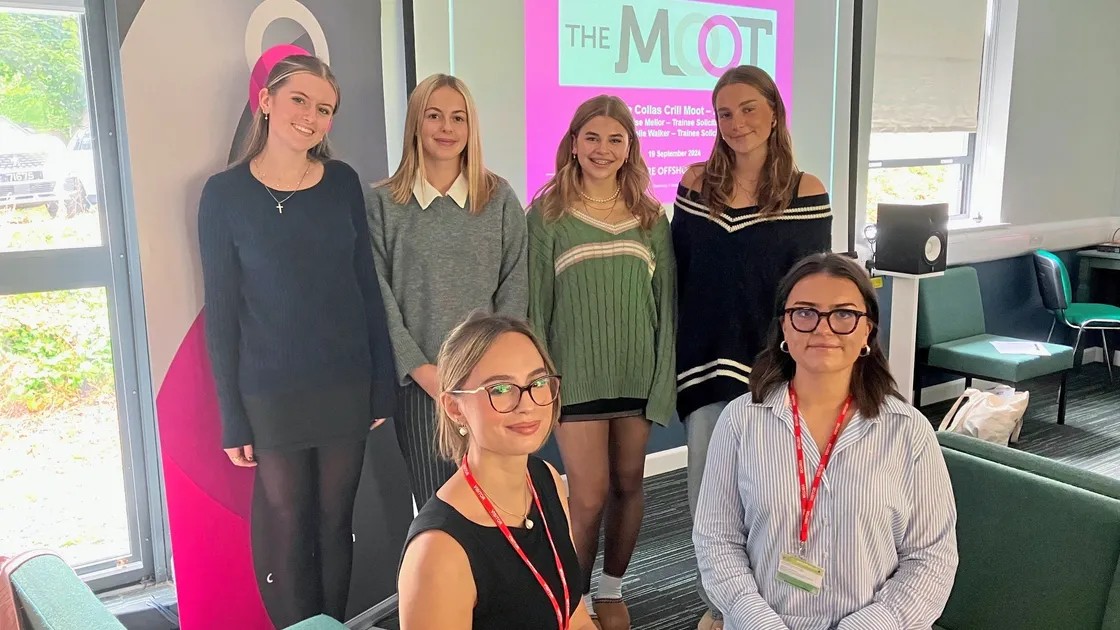 Left to right, Elise Mellor and Isabelle Walker with some potential participants from The Ladies' College for this year's Collas Crill Moot. (33615887)