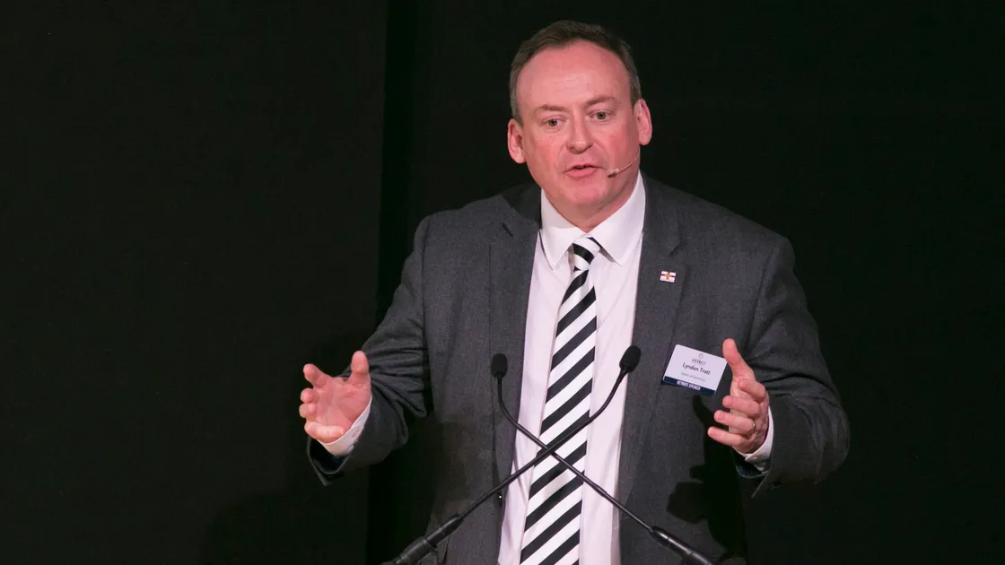 Guernsey Finance chairman Deputy Lyndon Trott  during his keynote speech at yesterday;s industry update. (Picture by Adrian Miller, 26974365)