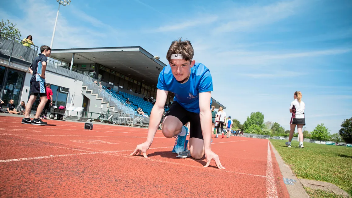 Ben Stevens, 15, from Les Beaucamps High School on the starting blocks. (Picture by Adrian Miller, 24672249)