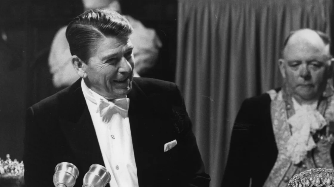 ‘More recently I’ve been fed a diet of Ronald Reagan addresses. The middle-aged amongst us might recall he had a habit of telling a few tales and jokes at the podium for journalists.’