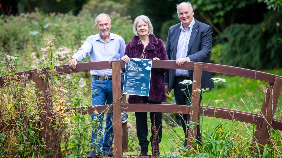 Picture by Sophie Rabey.  21-10-19.  Specsavers has partnered up with the Lions Club of Guernsey and Cancer Research UK Guernsey branch to host the annual, Winter Wonderland, event at the Bachmann's House, St Saviour.  L-R Chair of the Cancer Research UK Guernsey branch, Bryan Lean, Co-founder of Specsavers, Dame Mary Perkins, President of the Lions Club of Guernsey, Rob Holder.. (26126279)