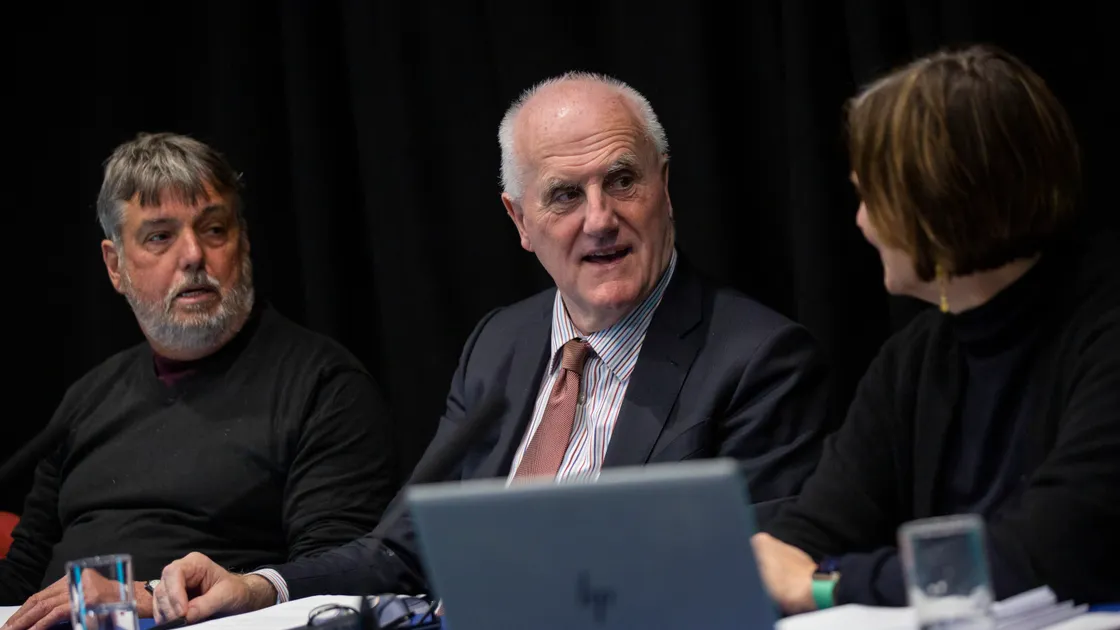 Facing questions online, left to right, Employment & Social Security president Deputy Peter Roffey, Policy & Resources president Deputy Peter Ferbrache and States treasurer Bethan Haines. (Picture by Sophie Rabey, 31663213)