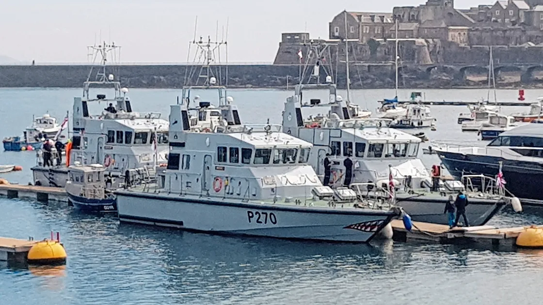 Three Royal Navy Training vessels arrived in St Peter Port from Jersey and moored alongside the Swan Pontoons in the Pool. From left to right: Biter, Charger and Pursuer.  (Picture by Tony Rive, 24358683)