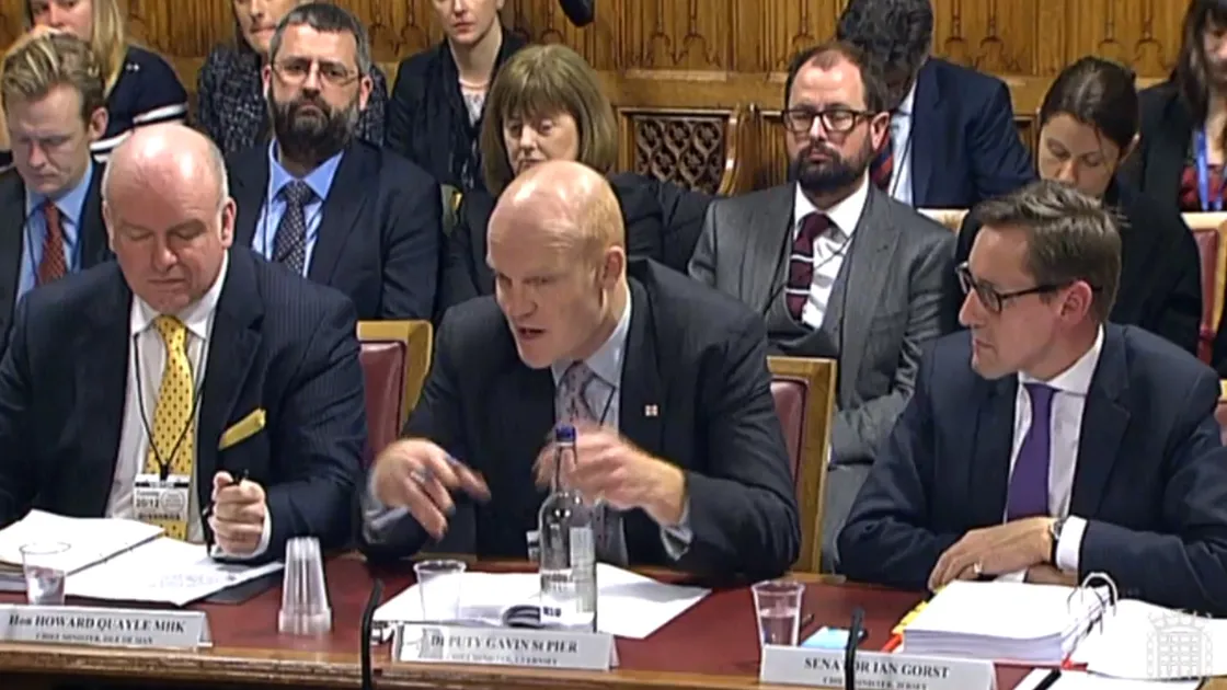 Chief Minister Gavin St Pier at a European Union Select Committee meeting.