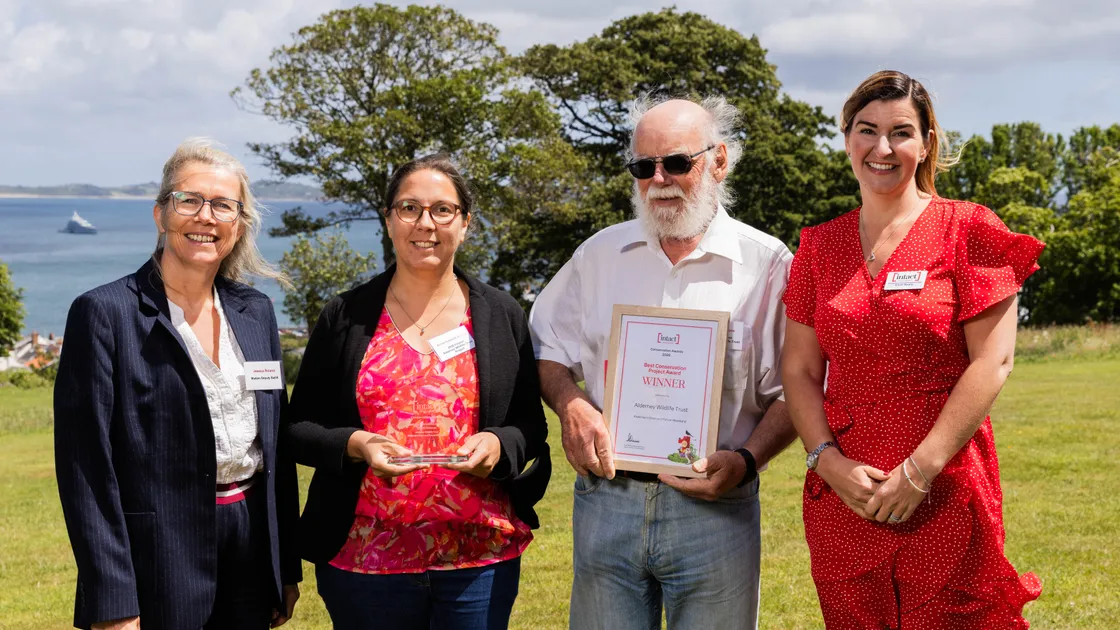 Guernsey Conservation Awards 2026. Left to right, Deputy Bailiff Jessica Roland, Anne-Isabelle Boulon and Jon Simmons of the Alderney Wildlife Trust, and Intact Insurance Channel Islands managing director Sarah Beatty. (34820520)