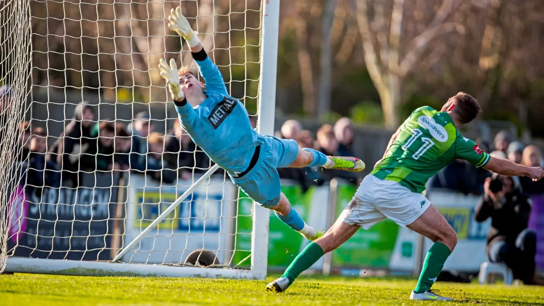 Matt Loaring heads home Guernsey FC's opening goal against Thatcham Town and becomes the club's second highest goal-scorer in the process on 93 in all. (Picture by Sophie Rabey, 32897142)
