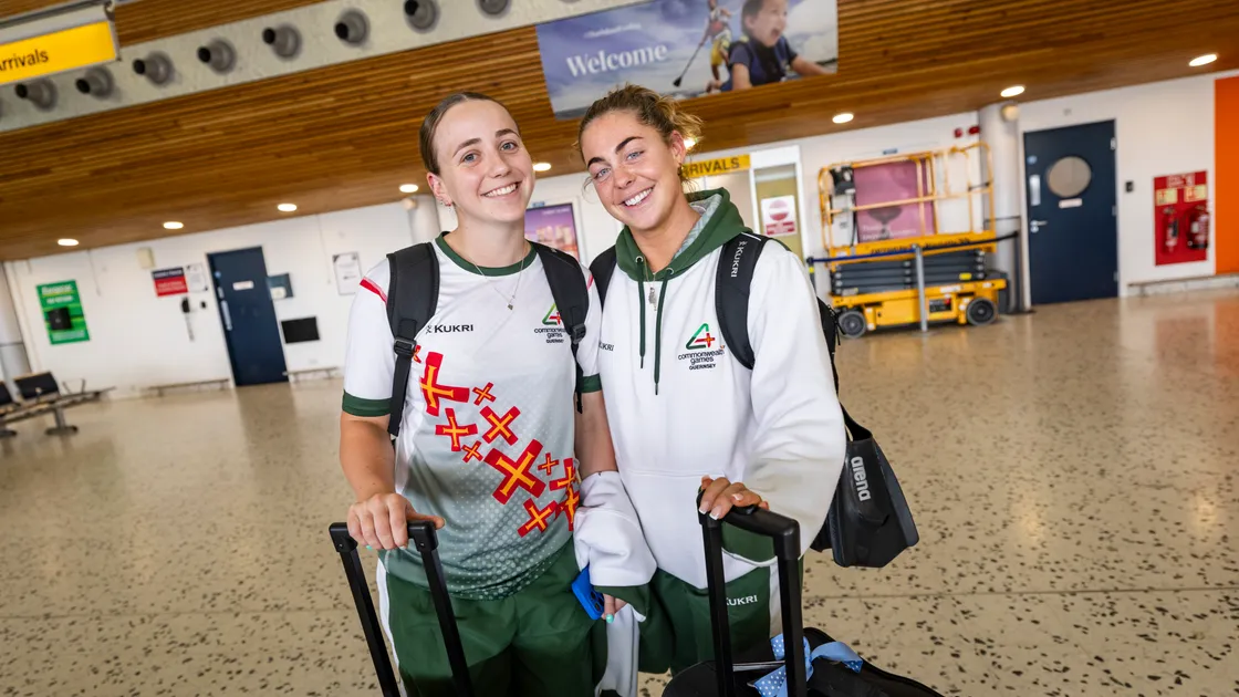 Molly Staples, left, and Tatiana Tostevin. Guernsey Commonwealth Games Swimming Team arrived back in the island yesterday.  (Pictures by Sophie Rabey, 34866160)