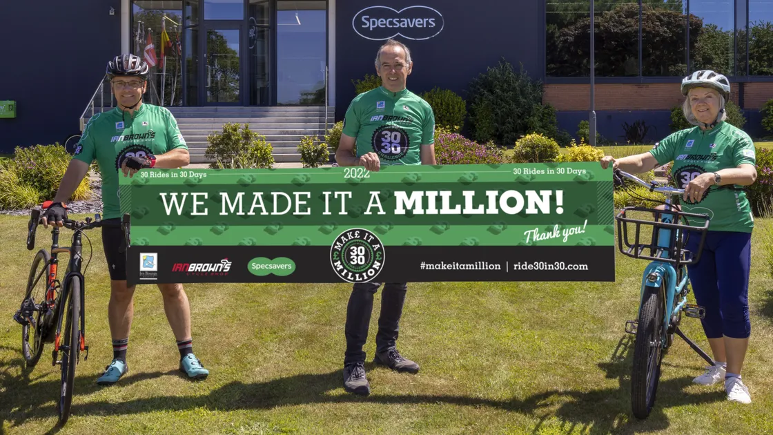 Left to right, director of group services at Specsavers Nick James, Ian Brown from Ian Brown’s Cycle Shop, the 30 Ride in 30 Days sponsor and event organisers, and Specsavers’ co-founder Dame Mary Perkins. (30941908)