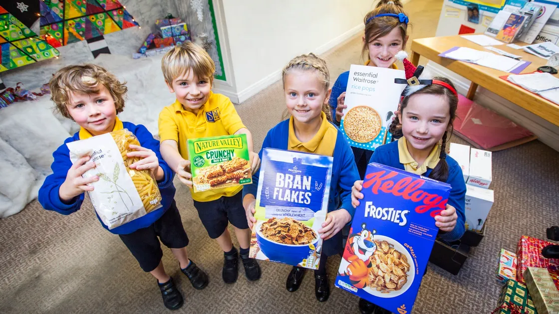 St Martin’s Primary School pupils have been making ‘reverse’ advent calendars. Pupils have been bringing in food to make up hampers which are sent out to the community. Left to right are: Henry Amory, Charlie Dowding, Tilly Colley, all 6, Tiana Crowson, 7, and Flo Cook, 6. (Picture by Sophie Rabey, 26602647)