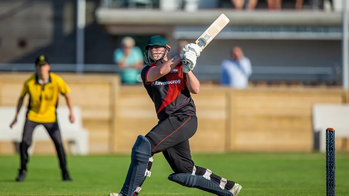 Indies captain Nathan Le Tissier hits out during his unbeaten half-century at the KGV on Wednesday evening.(Pictures by Martin Gray, 29767512)