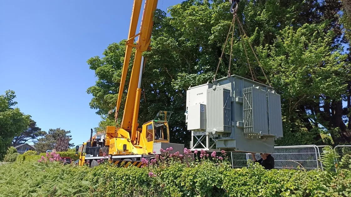 Guernsey Electricity supplied this picture of the new substation being lifted into place at L’Abbaye.